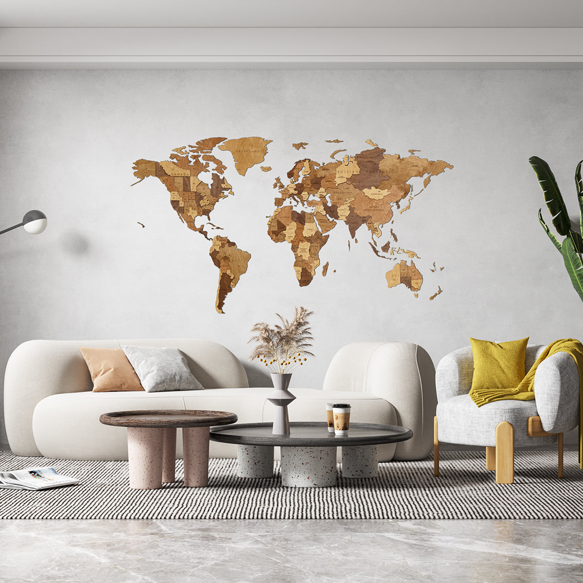 Wooden world map Choco L on a wall
