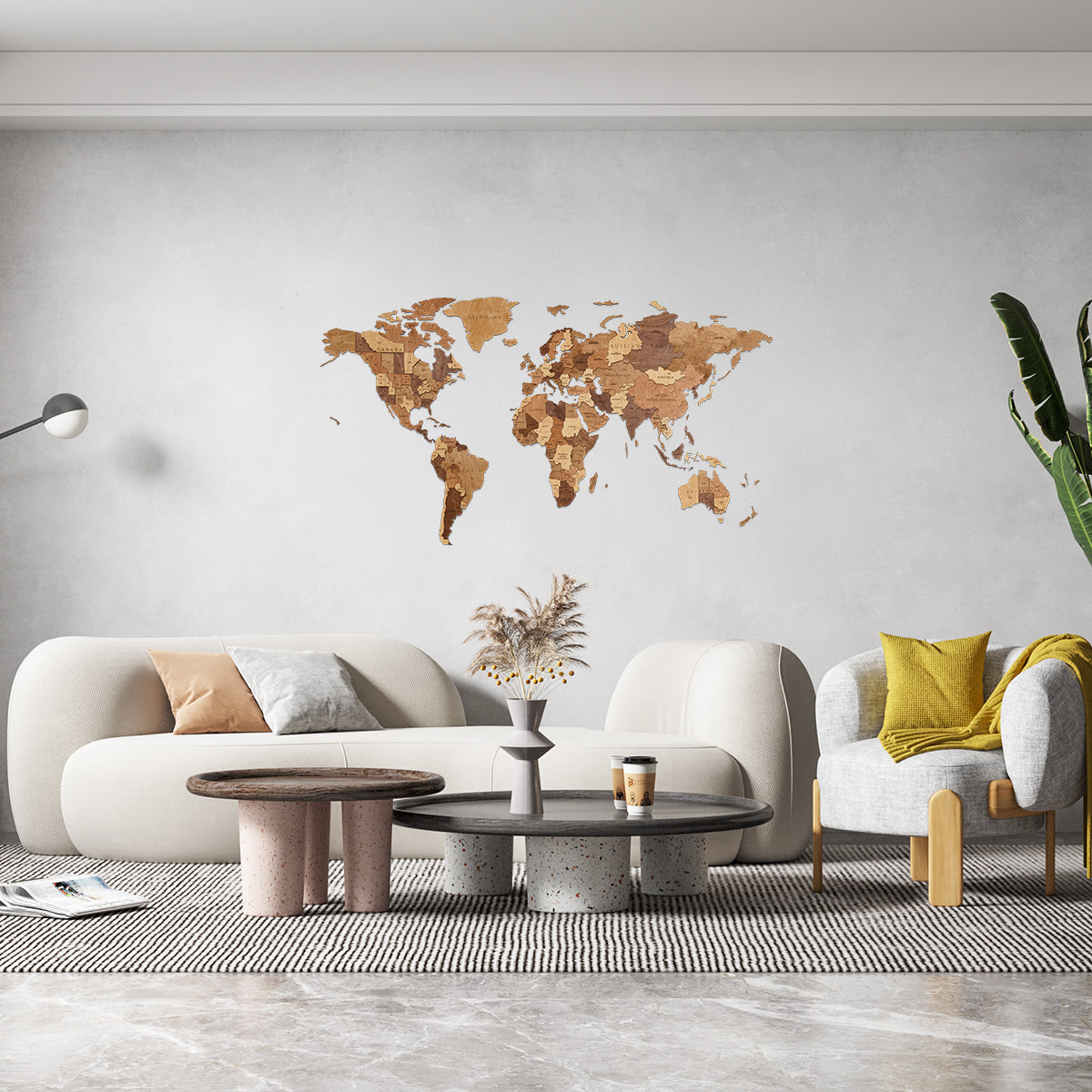 Wooden world map Choco M on a wall